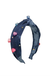 Denim Rainbow Heart Knot Headband with Stones