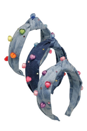 Denim Rainbow Heart Knot Headband with Stones