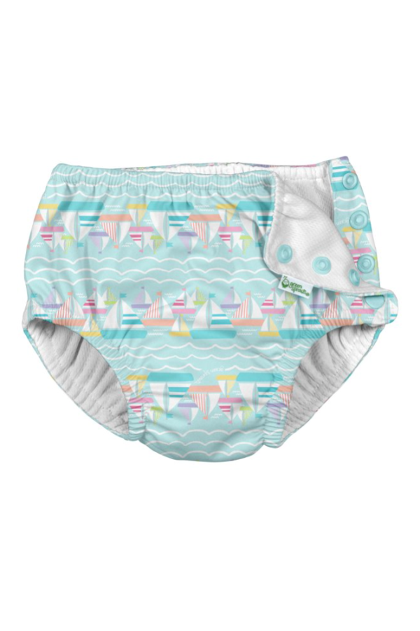 Snap Swimsuit Diaper - Light Aqua Sailboats