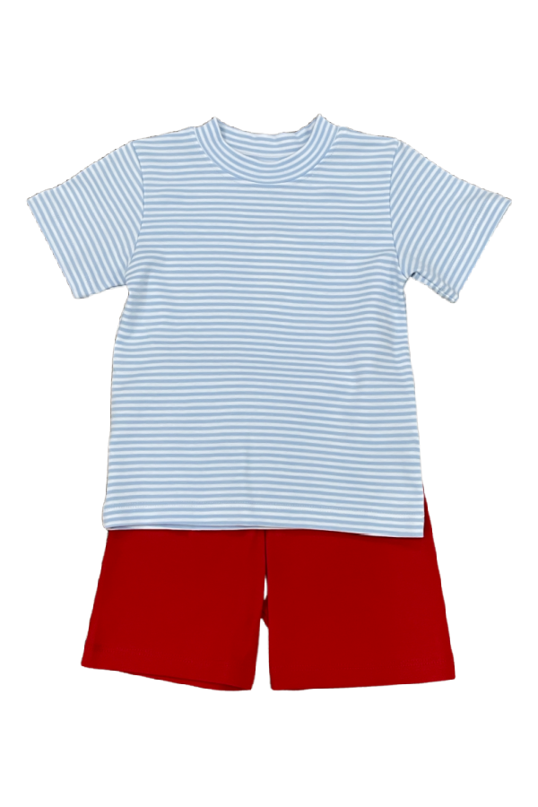 Boy's Short Set - Light Blue Thin Stripe and Red