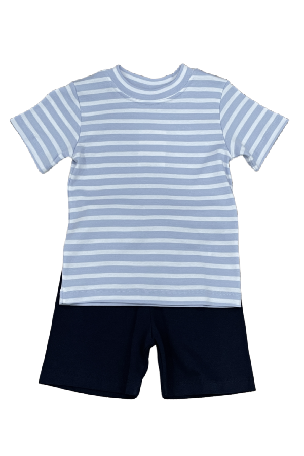 Boy's Short Set - Light Blue Wide Stripe and Navy