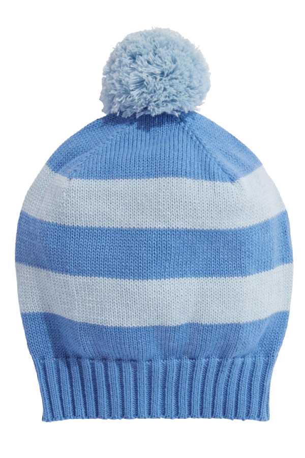 Knit Striped Pom Pom Hat - Light Blue and Periwinkle