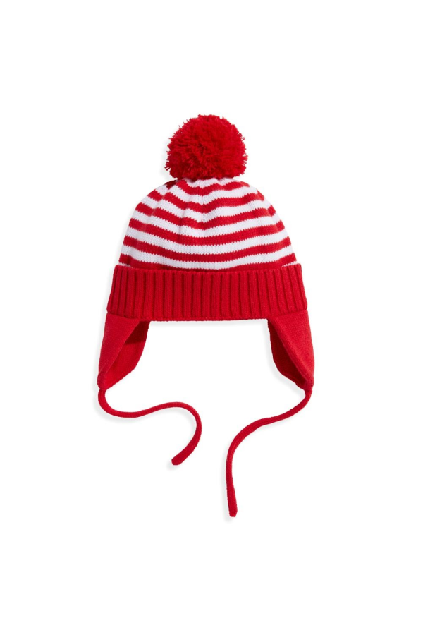 Red and White Striped Hat with Ear Flaps