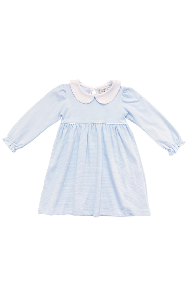 Middle Piping Long Sleeve Ruffle Cuff Dress - Baby Blue and White Stripe