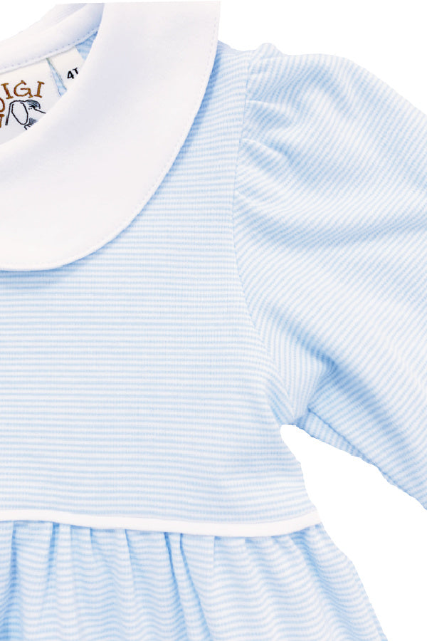 Middle Piping Long Sleeve Ruffle Cuff Dress - Baby Blue and White Stripe
