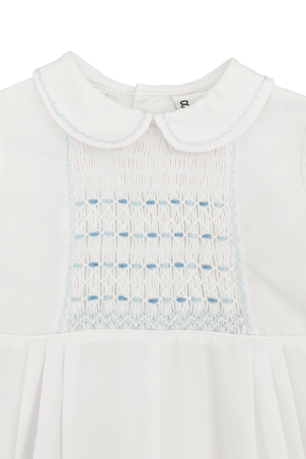 White Romper with Blue Smocking