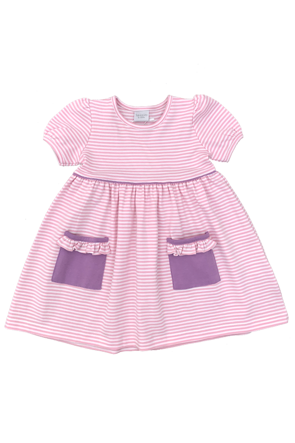 Light Pink Stripe Short Sleeve Popover Dress with Lilac Trim