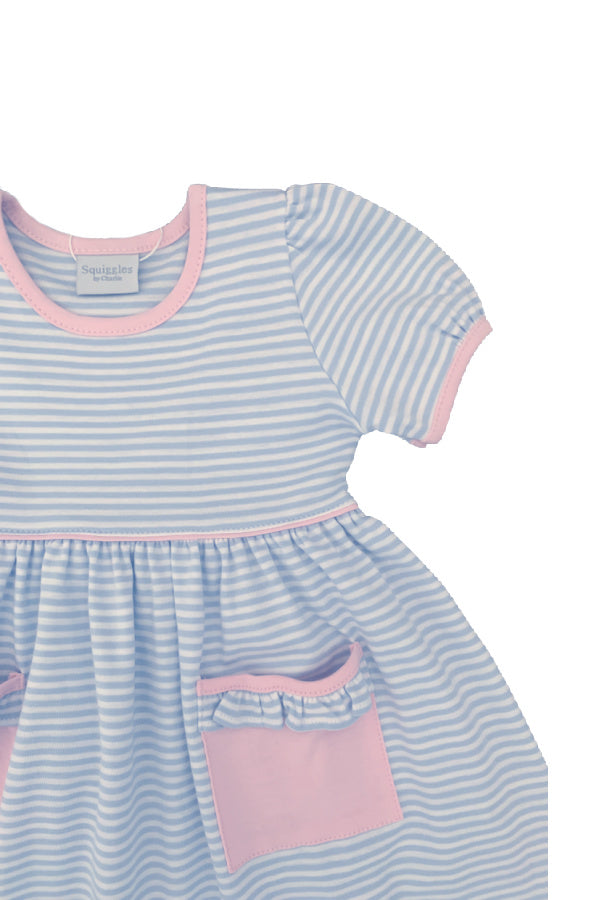 Medium Blue Stripe Short Sleeve Popover Dress with Pink Trim