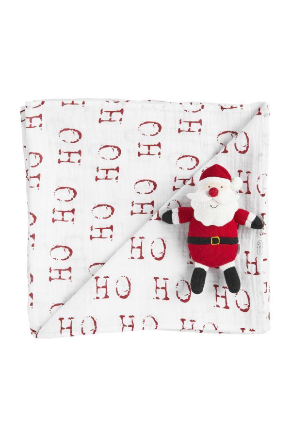 Christmas Muslin Swaddle Blanket and Rattle Set
