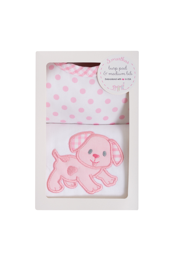 Pink Puppy Medium Bib and Burp Boxed Set